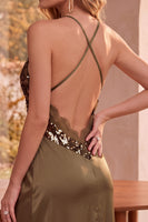 Load image into Gallery viewer, Sparkly Olive Satin Sheath V Neck Long Formal Dress with Pockets
