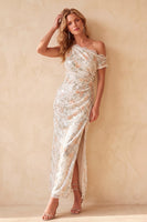 Load image into Gallery viewer, Sparkly Ivory Sheath Floral One Shoulder Ruched Sequin Long Formal Dress with Slit