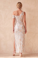 Load image into Gallery viewer, Sparkly Ivory Sheath Floral One Shoulder Ruched Sequin Long Formal Dress with Slit