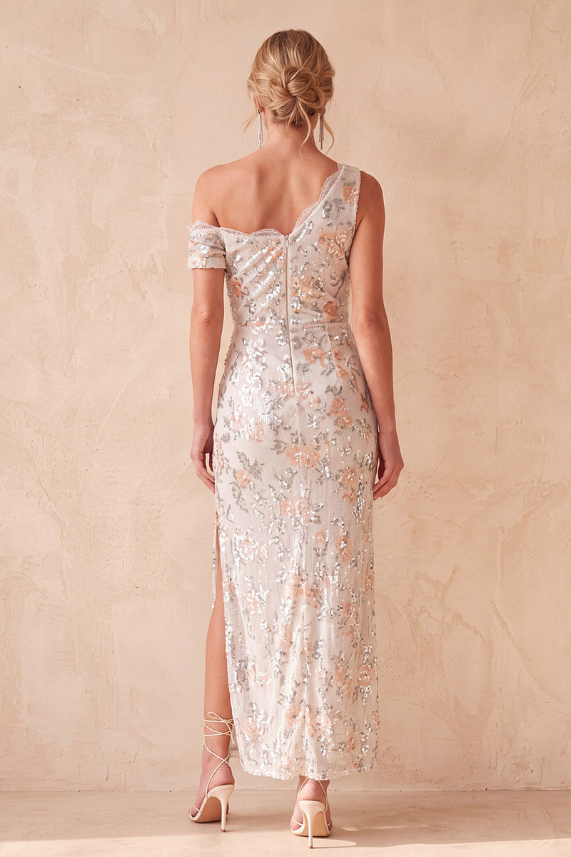 Load image into Gallery viewer, Sparkly Ivory Sheath Floral One Shoulder Ruched Sequin Long Formal Dress with Slit