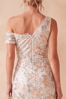 Load image into Gallery viewer, Sparkly Ivory Sheath Floral One Shoulder Ruched Sequin Long Formal Dress with Slit