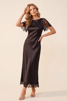 Load image into Gallery viewer, Black Satin Bateau Neck Sheath Long Formal Dress with Lace