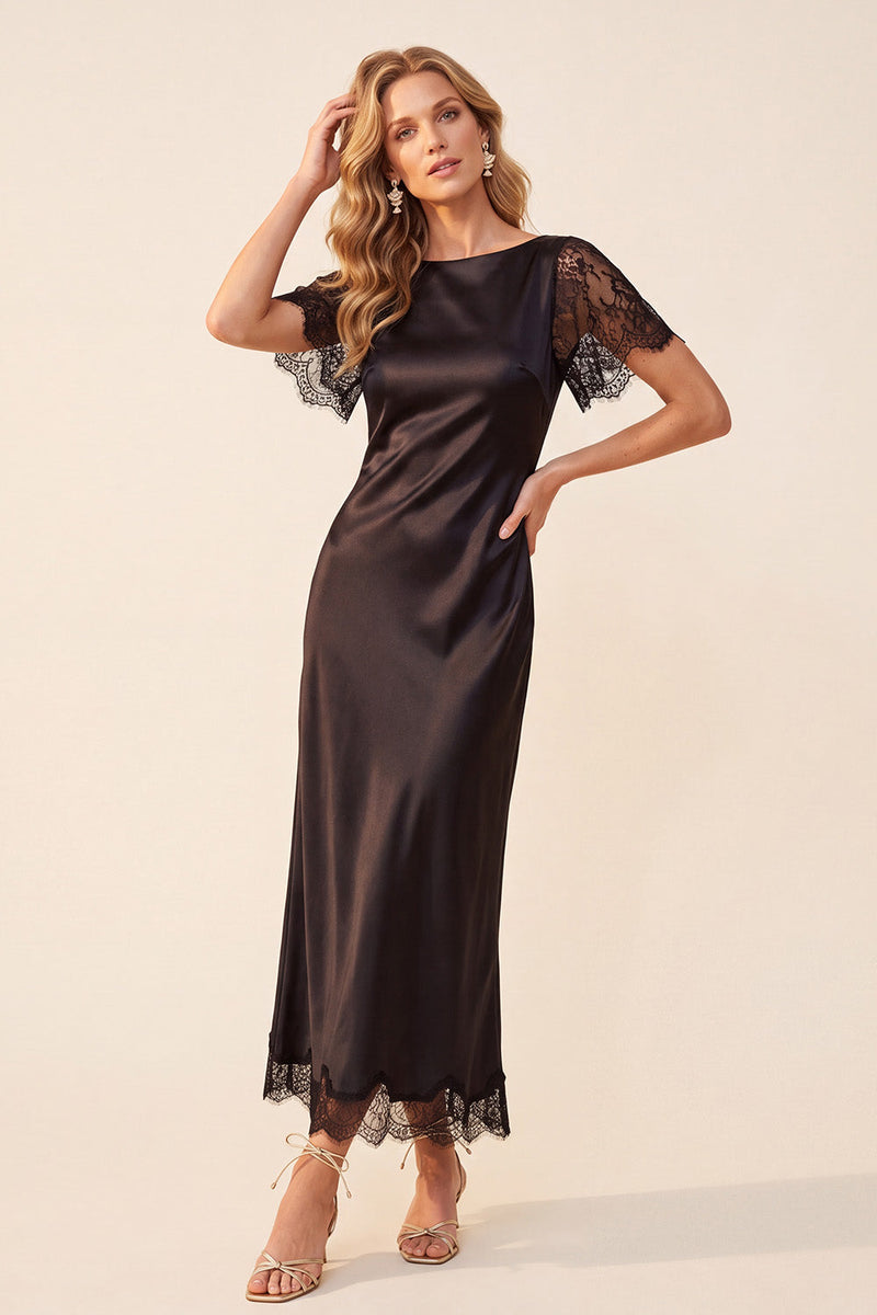 Load image into Gallery viewer, Black Satin Bateau Neck Sheath Long Formal Dress with Lace