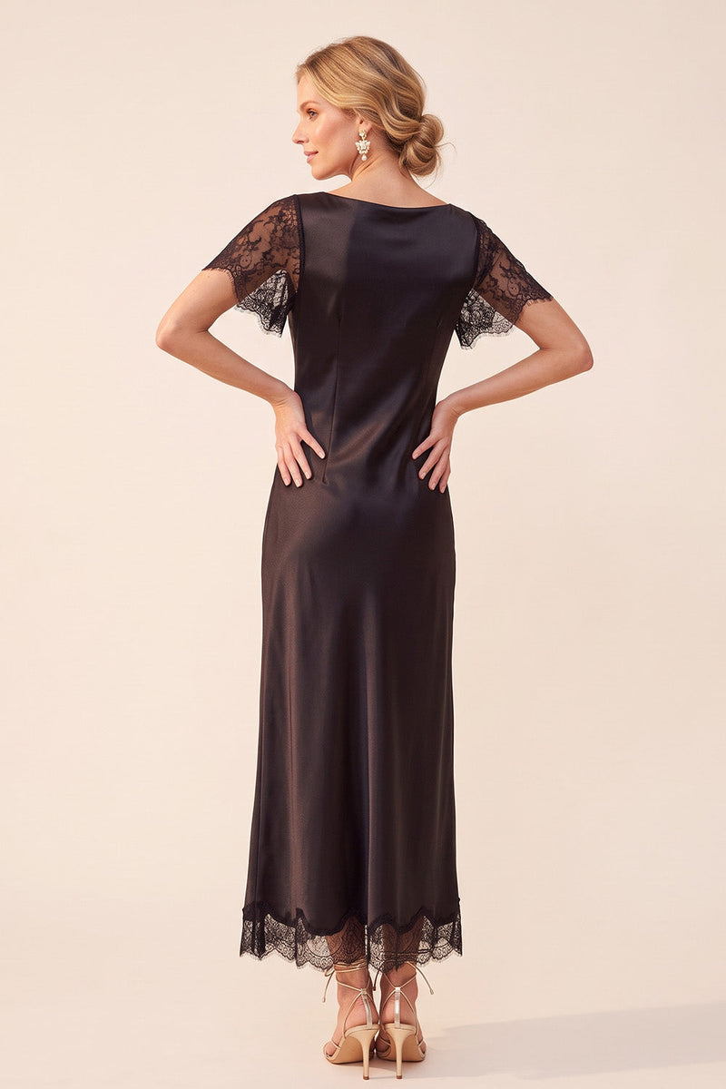 Load image into Gallery viewer, Black Satin Bateau Neck Sheath Long Formal Dress with Lace