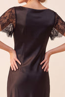 Load image into Gallery viewer, Black Satin Bateau Neck Sheath Long Formal Dress with Lace