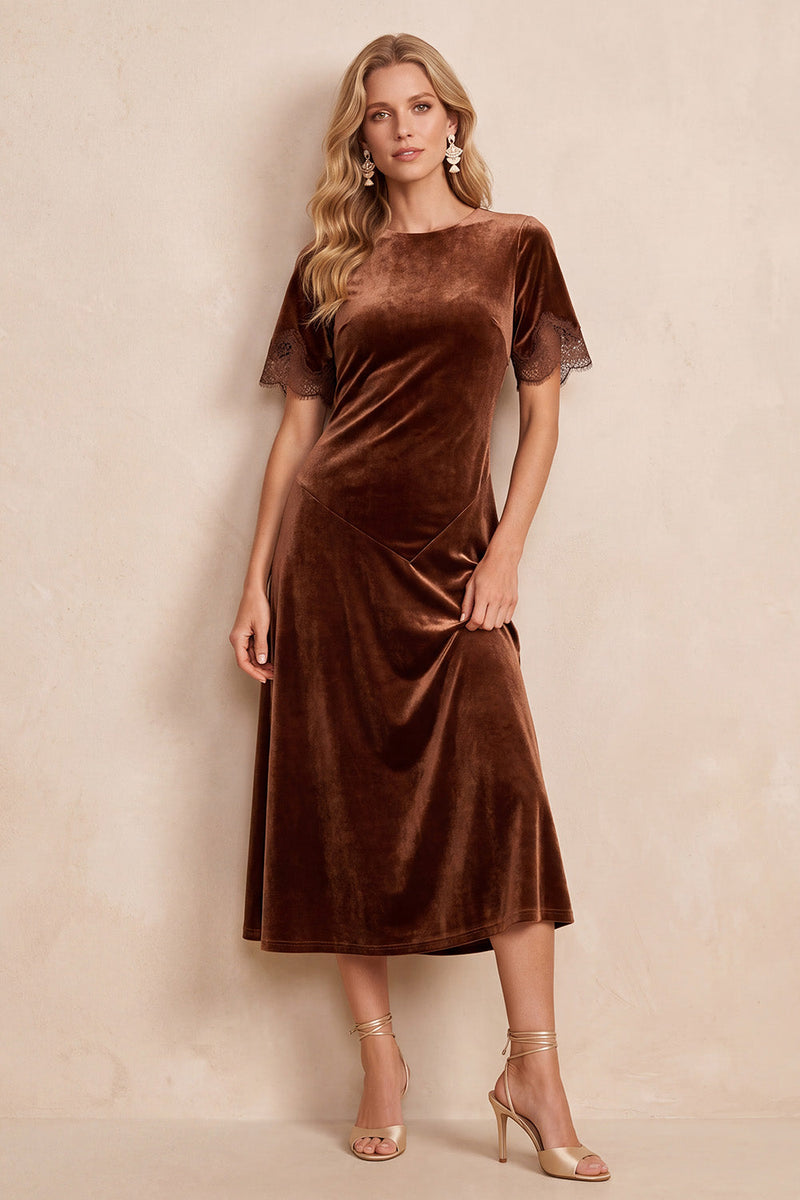 Queendancer Women Coffee A-Line Velvet Midi Wedding Guest Dress with ...
