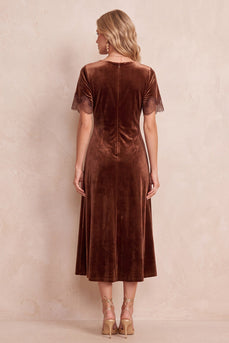 Velvet Coffee Short Sleeves Round Neck A Line Midi Wedding Guest Dress with Lace