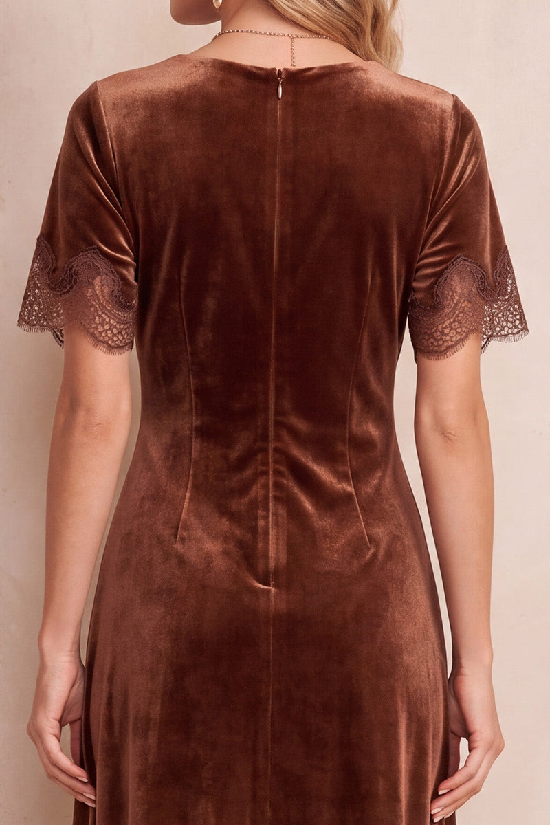 Load image into Gallery viewer, Velvet Coffee Short Sleeves Round Neck A Line Midi Wedding Guest Dress with Lace