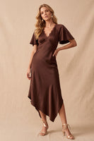 Load image into Gallery viewer, A Line Coffee Satin V-Neck Asymmetrical Wedding Guest Dress with Lace