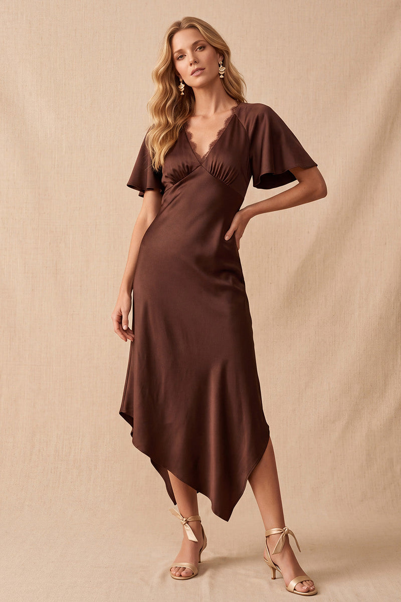 Load image into Gallery viewer, A Line Coffee Satin V-Neck Asymmetrical Wedding Guest Dress with Lace