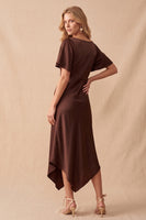 Load image into Gallery viewer, A Line Coffee Satin V-Neck Asymmetrical Wedding Guest Dress with Lace