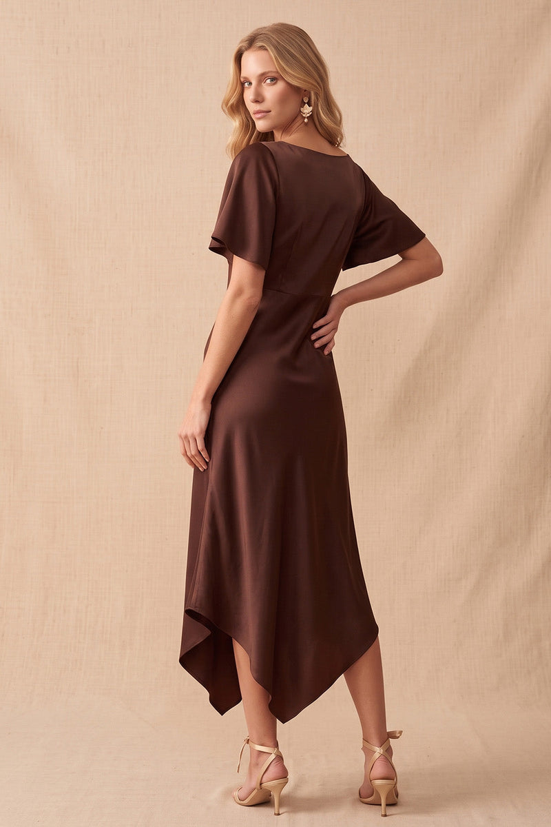 Load image into Gallery viewer, A Line Coffee Satin V-Neck Asymmetrical Wedding Guest Dress with Lace