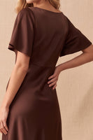 Load image into Gallery viewer, A Line Coffee Satin V-Neck Asymmetrical Wedding Guest Dress with Lace