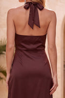 Load image into Gallery viewer, Cabernet Halter Sheath Satin Long Formal Dress with Slit