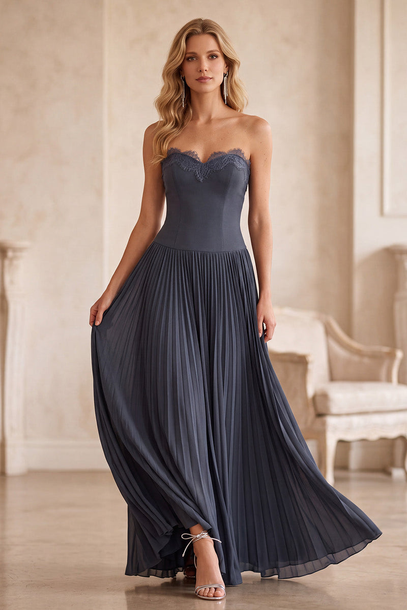 Load image into Gallery viewer, Pleated Grey Blue Chiffon Sweetheart A-Line Long Formal Dress with Lace