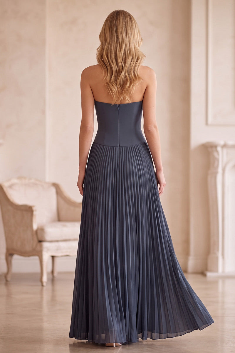Load image into Gallery viewer, Pleated Grey Blue Chiffon Sweetheart A-Line Long Formal Dress with Lace
