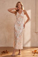 Load image into Gallery viewer, Sparkly Ivory Sequin Floral Halter Sheath Long Formal Dress with Lace