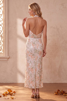 Sparkly Ivory Sequin Floral Halter Sheath Long Formal Dress with Lace