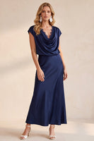 Load image into Gallery viewer, Navy A Line Cowl Neck Satin Cap Sleeves Long Formal Dress with Lace