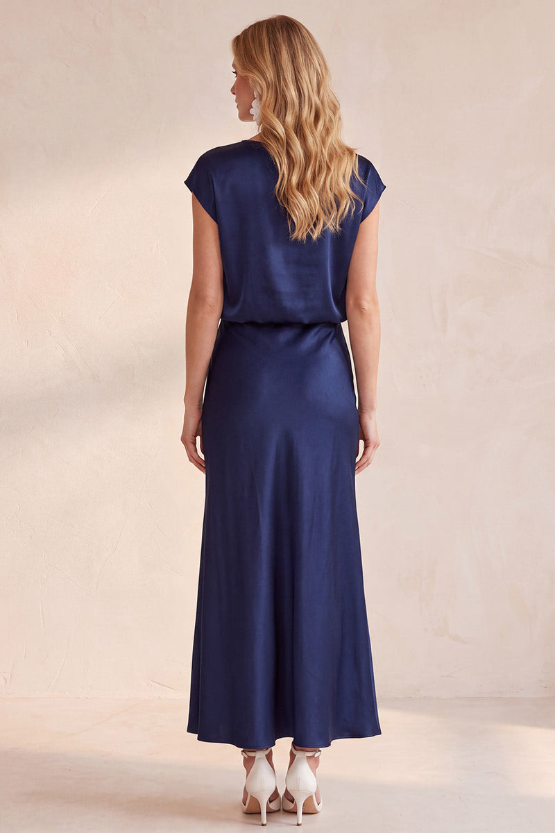 Load image into Gallery viewer, Navy A Line Cowl Neck Satin Cap Sleeves Long Formal Dress with Lace