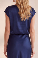 Load image into Gallery viewer, Navy A Line Cowl Neck Satin Cap Sleeves Long Formal Dress with Lace