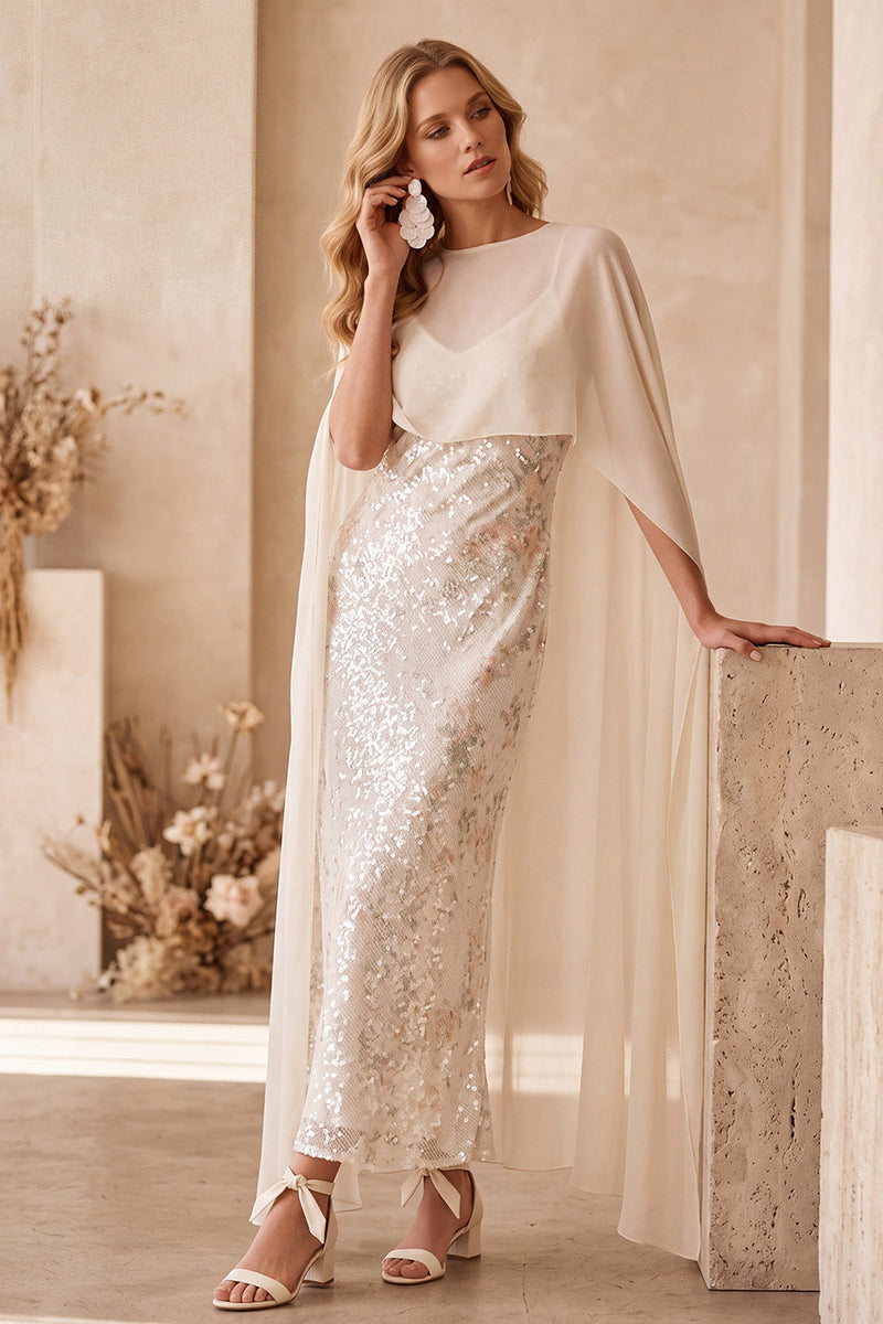 Load image into Gallery viewer, Ivory Sparkly Sequin Sheath Floral Long Formal Dress with Cape