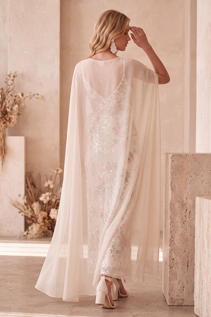 Load image into Gallery viewer, Ivory Sparkly Sequin Sheath Floral Long Formal Dress with Cape