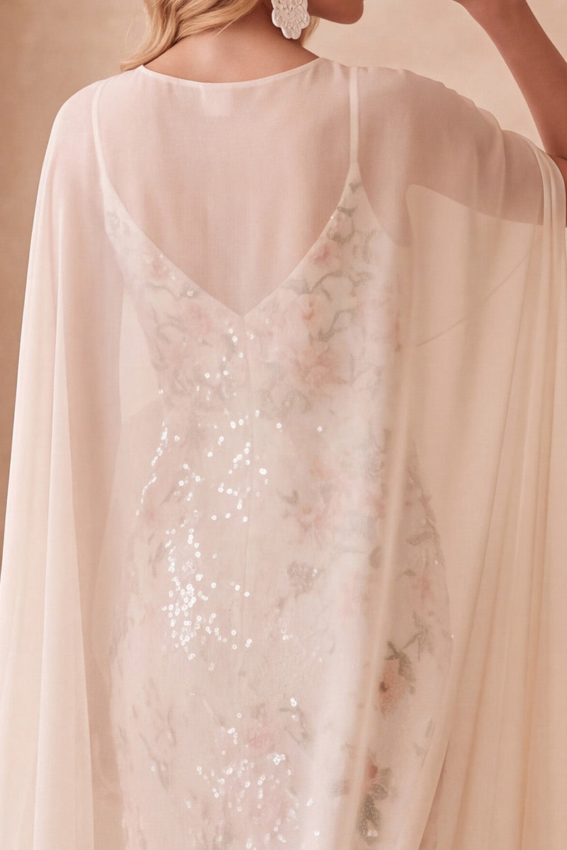 Load image into Gallery viewer, Ivory Sparkly Sequin Sheath Floral Long Formal Dress with Cape