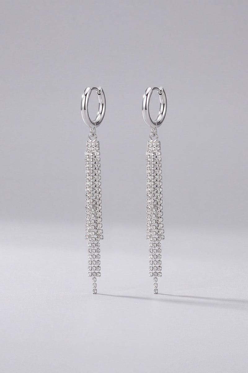 Load image into Gallery viewer, Sparkly Silver Waterfall Fringed Huggie Drop Long Earrings with Rhinestones