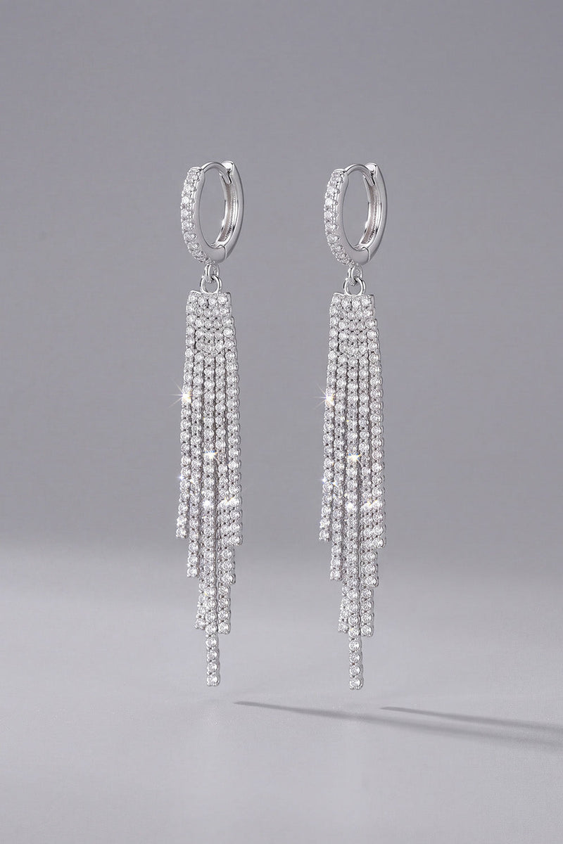 Load image into Gallery viewer, Sparkly Silver Waterfall Fringed Huggie Drop Long Earrings with Rhinestones