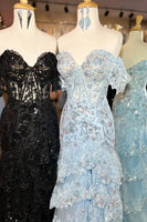 Load image into Gallery viewer, Navy Off The Shoulder Tiered Prom Dress