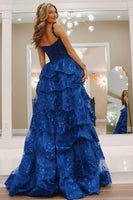 Load image into Gallery viewer, Glitter Royal Blue A Line Long Tiered Appliqued Prom Dress With Slit