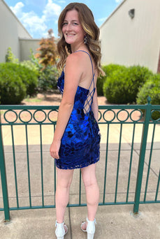 Sparkly Royal Blue Spaghetti Straps Homecoming Dress with Sequins