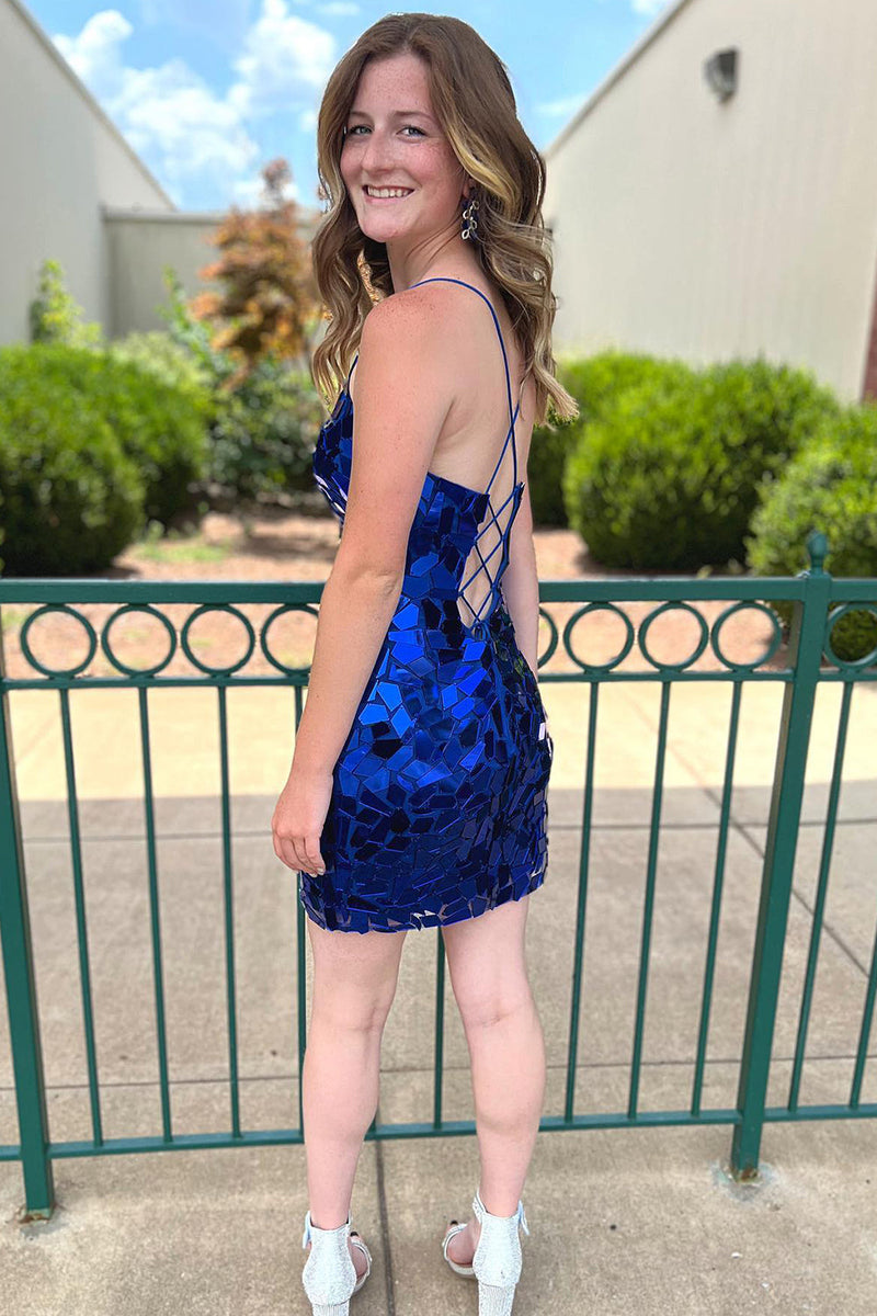 Load image into Gallery viewer, Sparkly Royal Blue Spaghetti Straps Homecoming Dress with Sequins