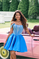 Load image into Gallery viewer, Sparkly Blue Off The Shoulder Tight Corset Homecoming Dress with Beading