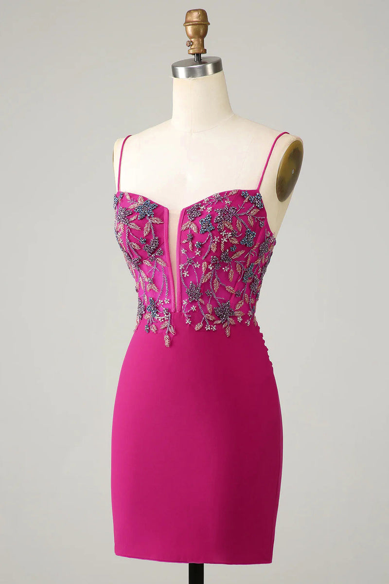 Load image into Gallery viewer, Sparkly Purple Spaghetti Straps Corset Homecoming Dress with Beading