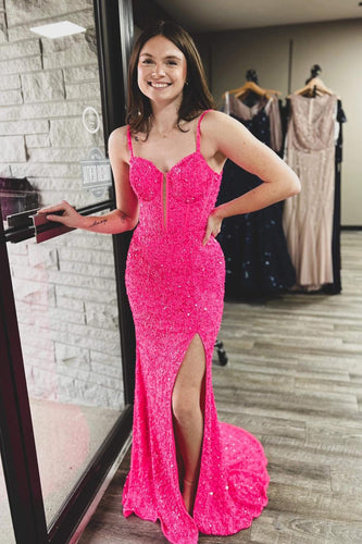 Sparkly Fuchsia Corset Sequins Long Mermaid Prom Dress with Slit