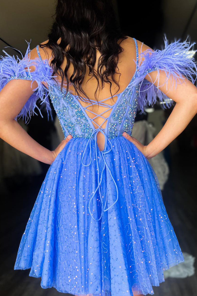 Load image into Gallery viewer, Glitter Red A-Line Sequined Homecoming Dress with Feathers