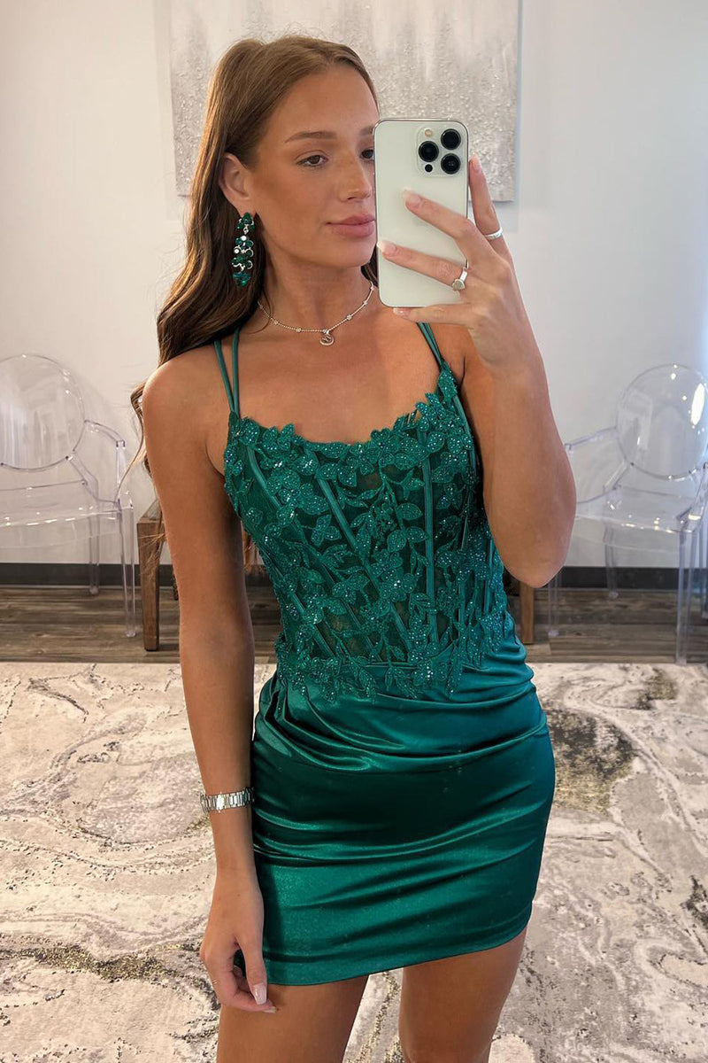 Load image into Gallery viewer, Glitter Dark Green Spaghetti Straps Corset Homecoming Dress with Lace