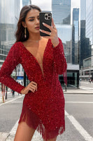 Load image into Gallery viewer, Sparkly Dark Red Sequined Long Sleeves Homecoming Dress with Fringes
