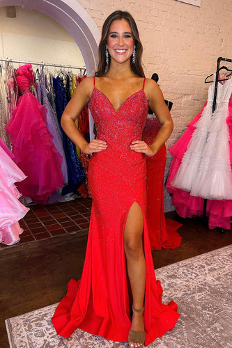 Glitter Red Mermaid Long Sequined Prom Dress With Slit