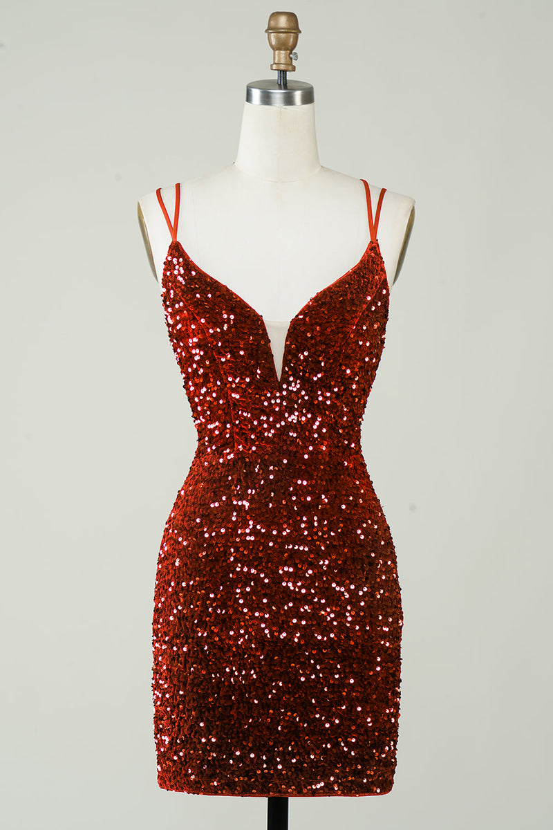 Load image into Gallery viewer, Royal Blue V-Neck Sequined Homecoming Dress with Criss Cross Back