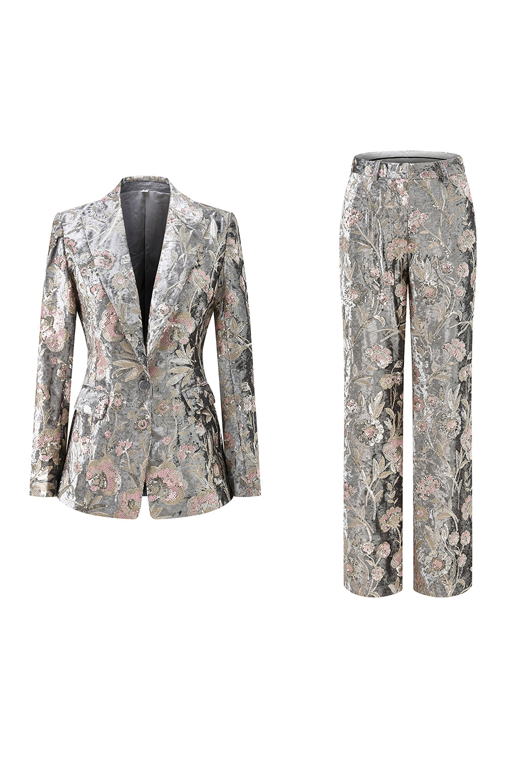 Sparkly Floral Grey Peak Lapel 2 Piece Women Prom Suits with Sequins