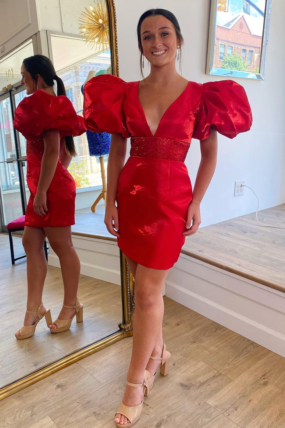Sparkly Red Bodycon Beaded Homecoming Dress with Puff Sleeves