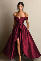 Load image into Gallery viewer, Black A Line Satin Off the Shoulder Long Formal Dress with Slit