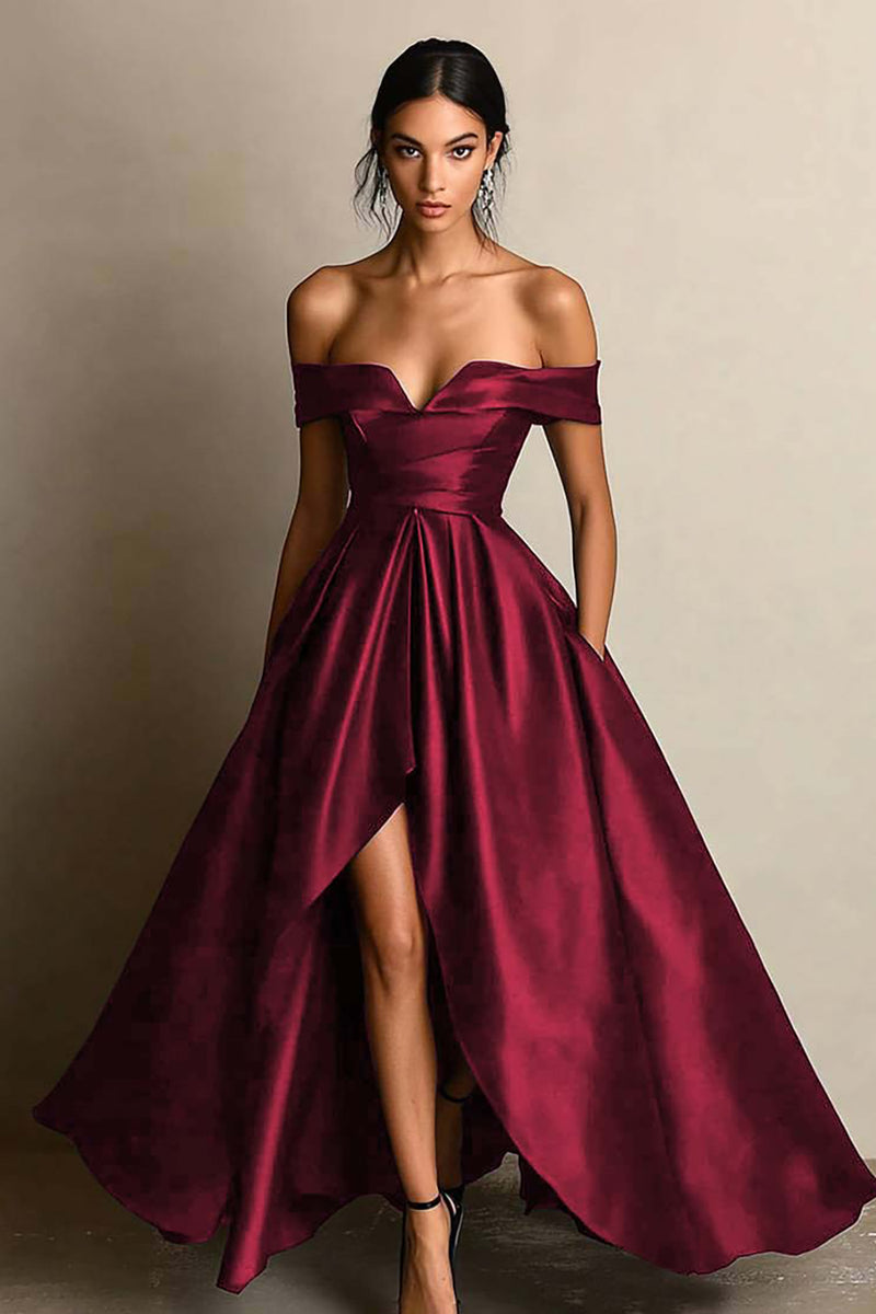 Load image into Gallery viewer, Black A Line Satin Off the Shoulder Long Formal Dress with Slit