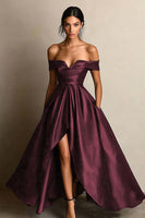 Load image into Gallery viewer, Black A Line Satin Off the Shoulder Long Formal Dress with Slit