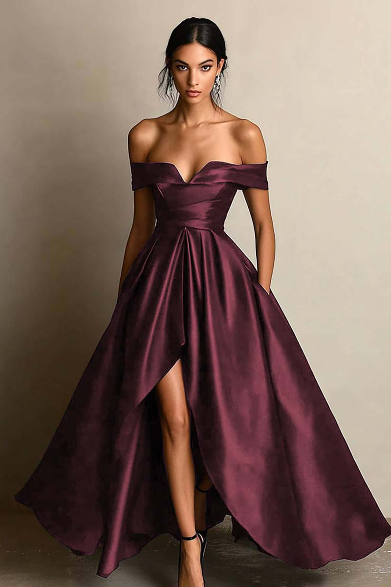 Load image into Gallery viewer, Black A Line Satin Off the Shoulder Long Formal Dress with Slit