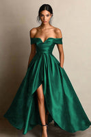 Load image into Gallery viewer, Black A Line Satin Off the Shoulder Long Formal Dress with Slit
