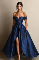 Load image into Gallery viewer, Black A Line Satin Off the Shoulder Long Formal Dress with Slit